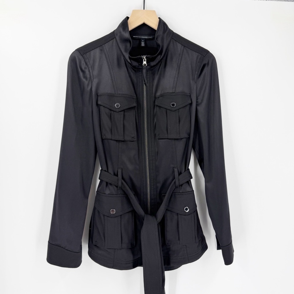 White House Black Market Black Satin Utility Jacket Belted Safari Inspired 8